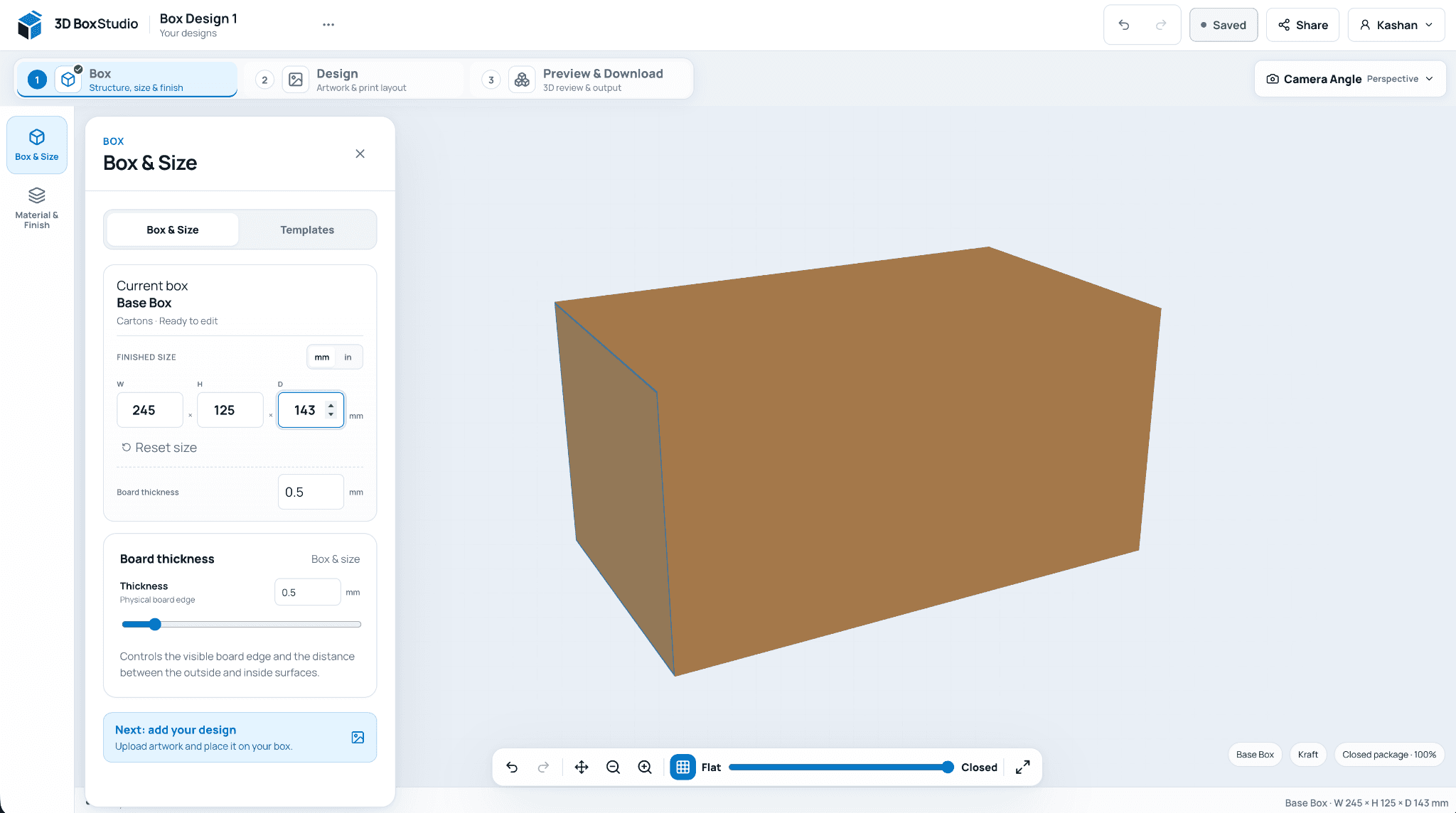 3DBoxStudio V2 Box & Size workspace with dimensions and live 3D box preview