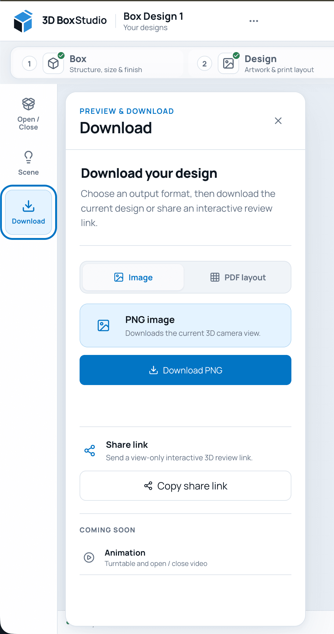 Download and Share panel in 3DBoxStudio V2