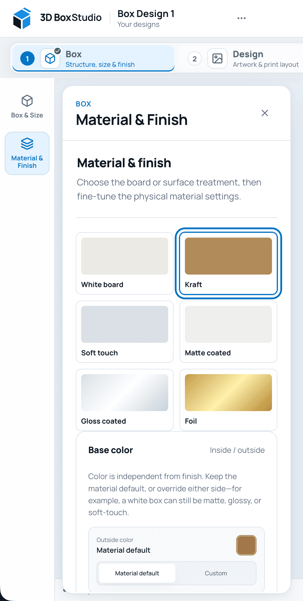 Material and Finish panel in 3DBoxStudio V2