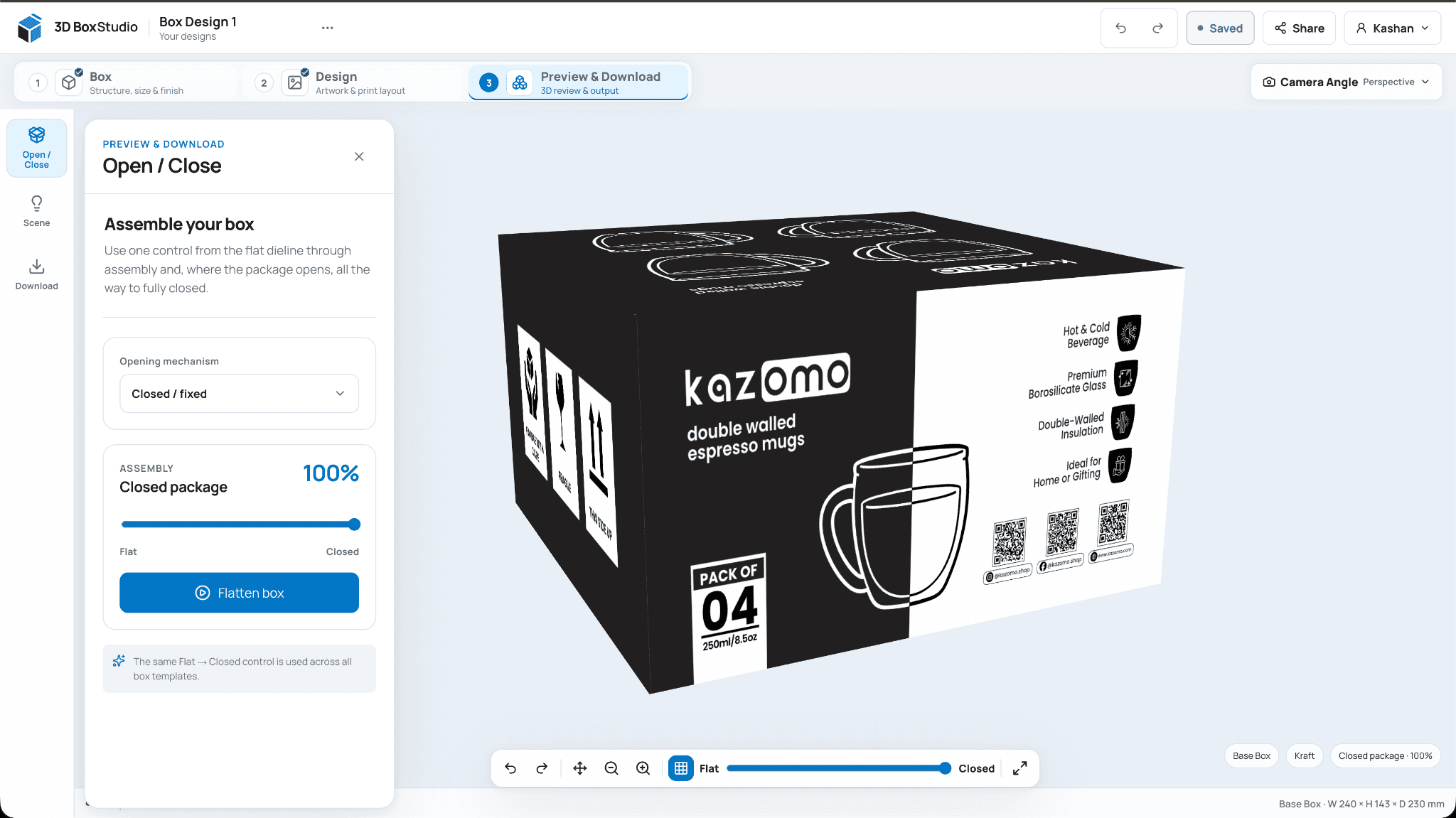 3DBoxStudio V2 Preview & Download workspace showing a branded package in 3D