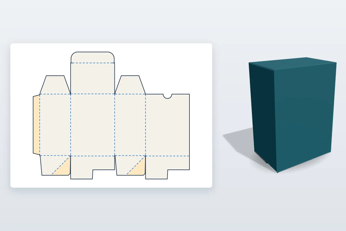An auto lock bottom carton dieline with 45° glue tabs on the bottom flaps, next to the folded carton