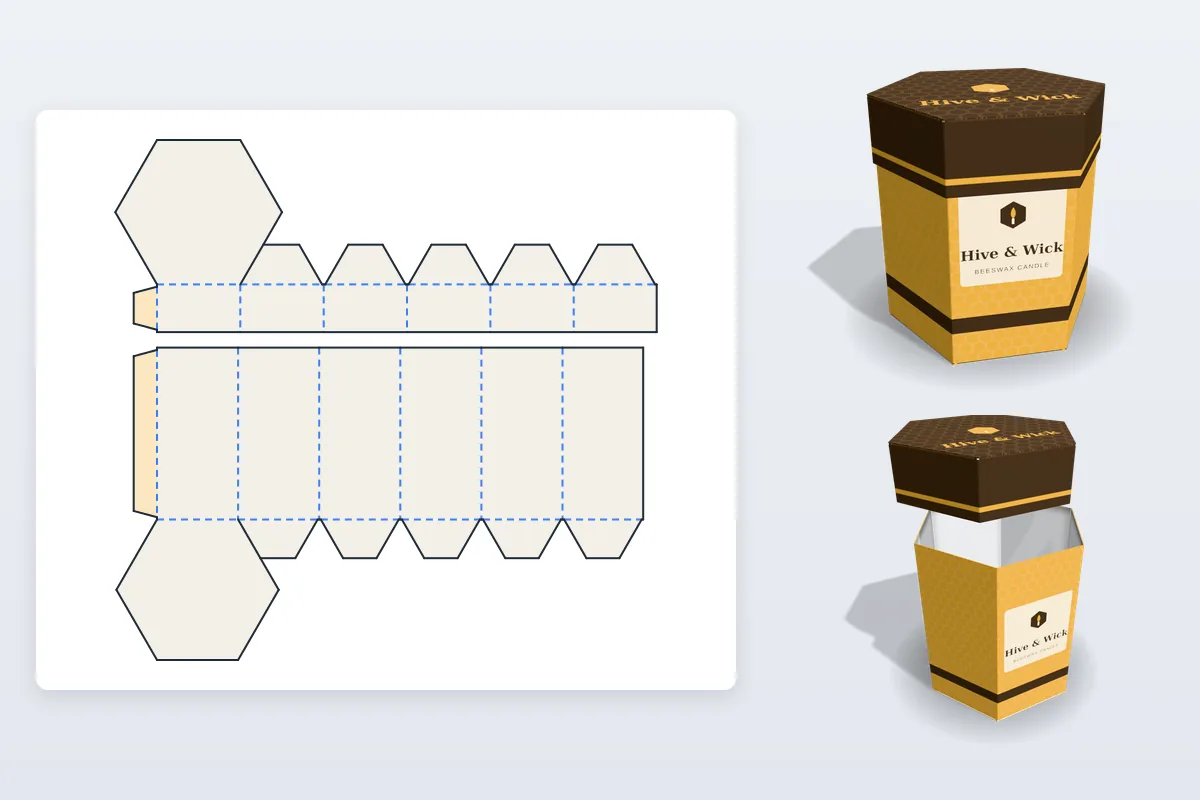 A hexagon box dieline with the lid and base on one sheet, next to the folded hexagon box closed and with its lid lifted