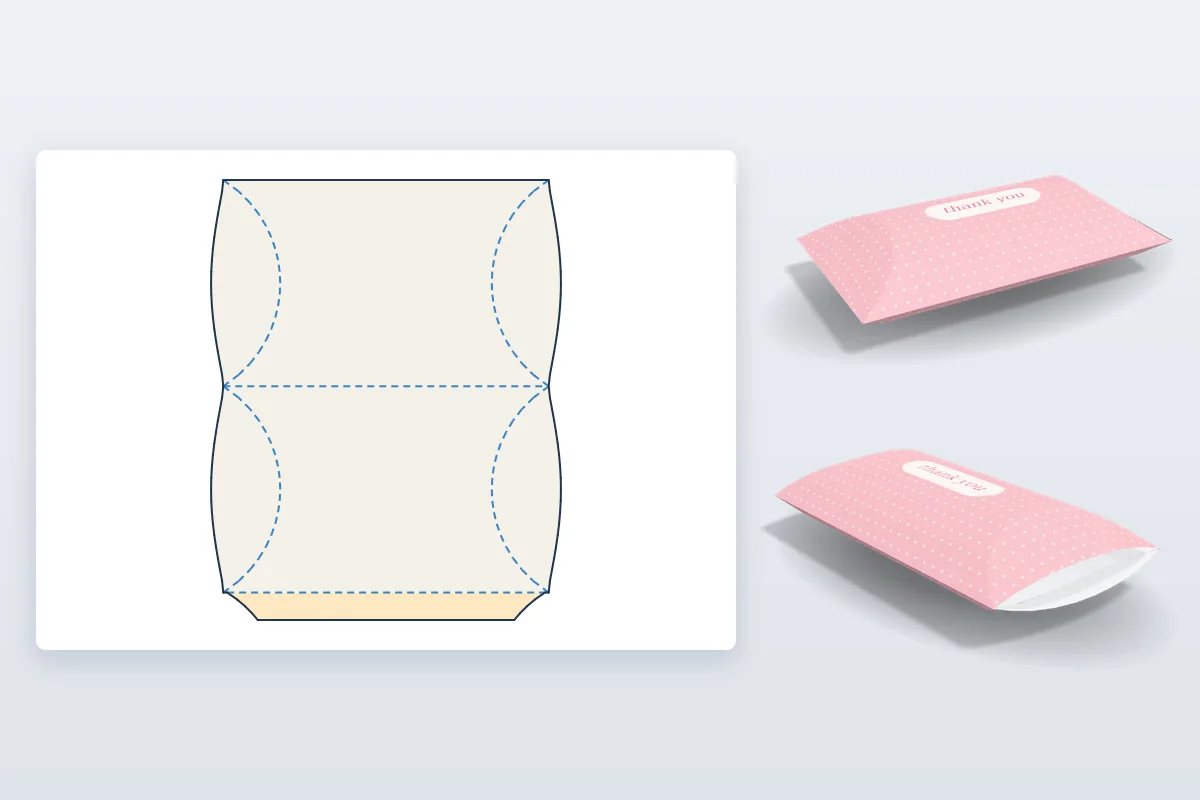 A pillow box dieline with curved end creases, next to the folded pillow box closed and with one end opening