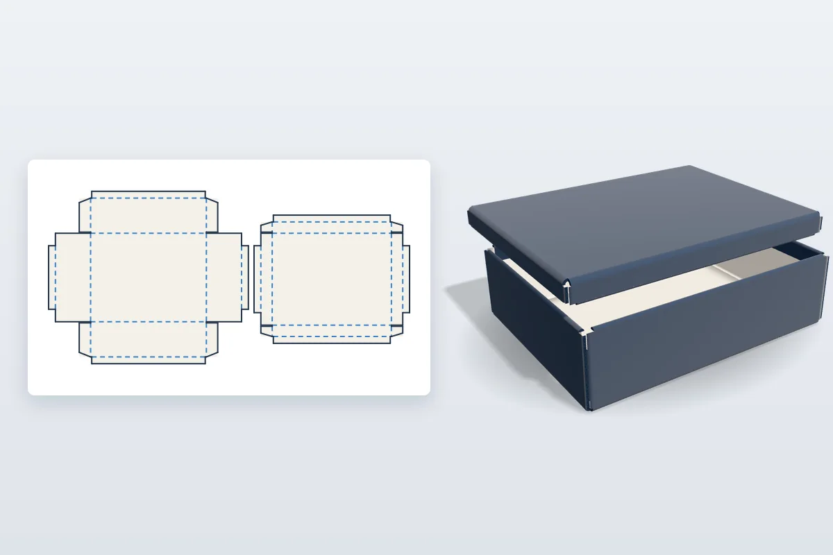 A white rigid lid and base box with the lid lifting off, next to its flat wrap layout