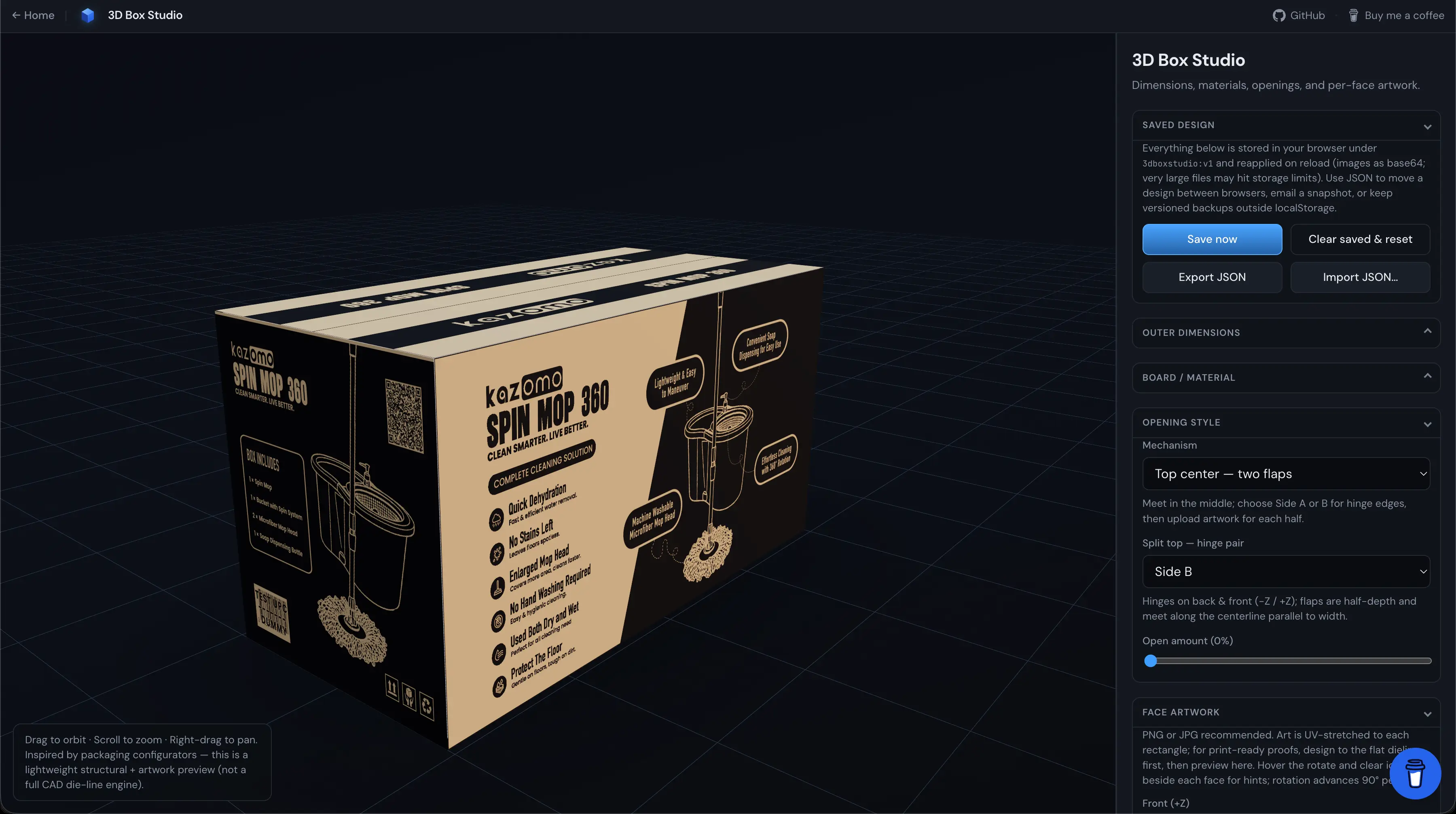 3D Box Studio: control panel beside a live 3D viewport with a sample carton