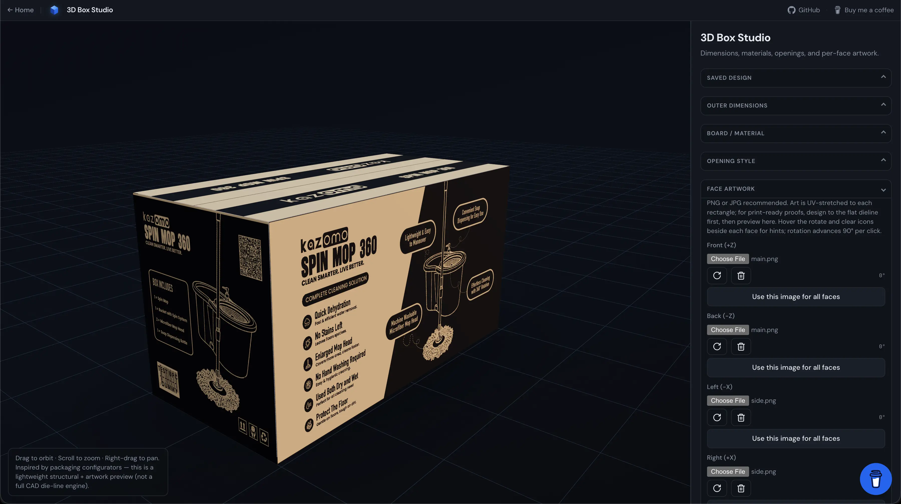 Per-face artwork upload section in the 3D box packaging simulator