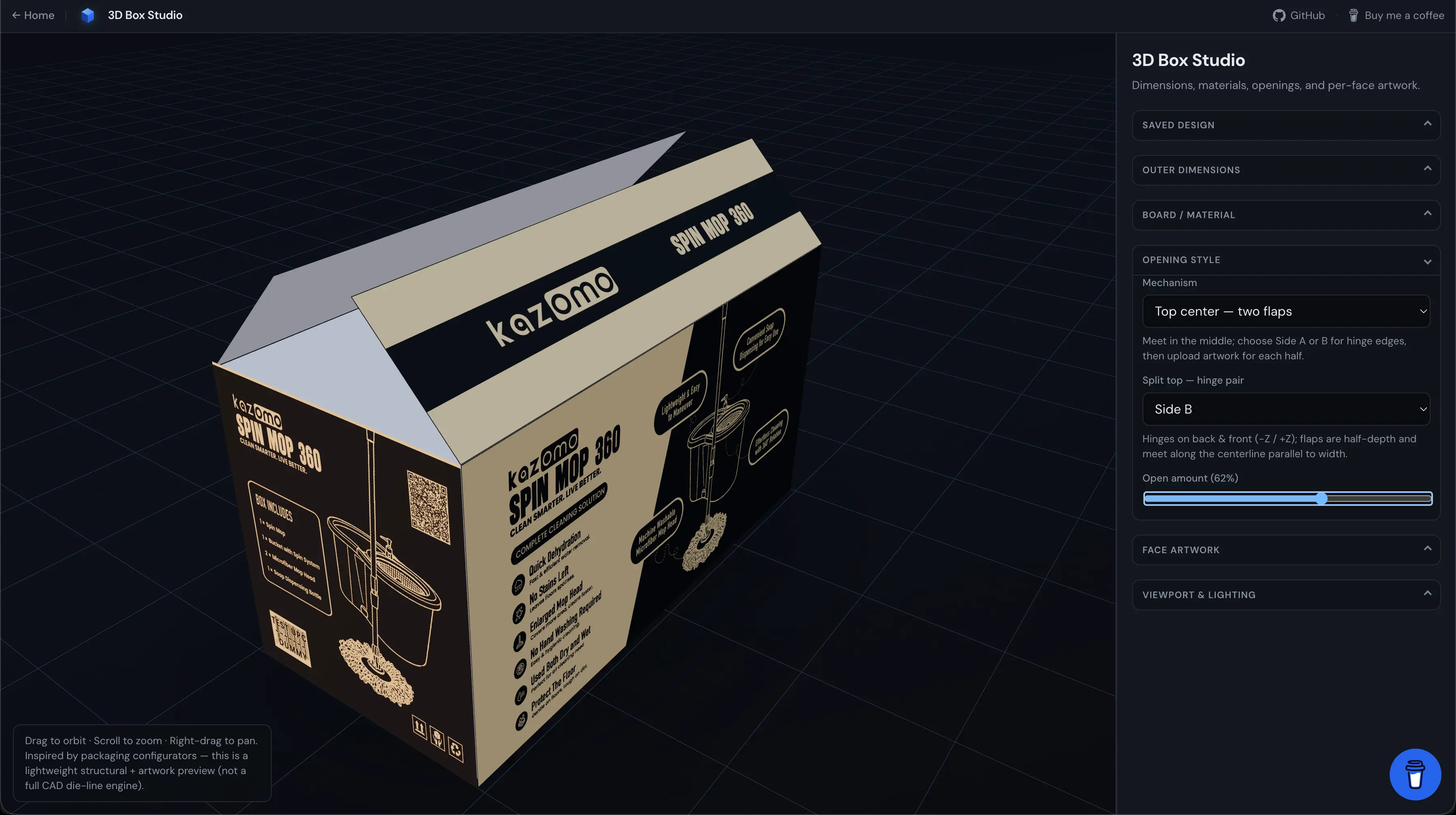 Opening styles and material presets in the carton 3D simulator
