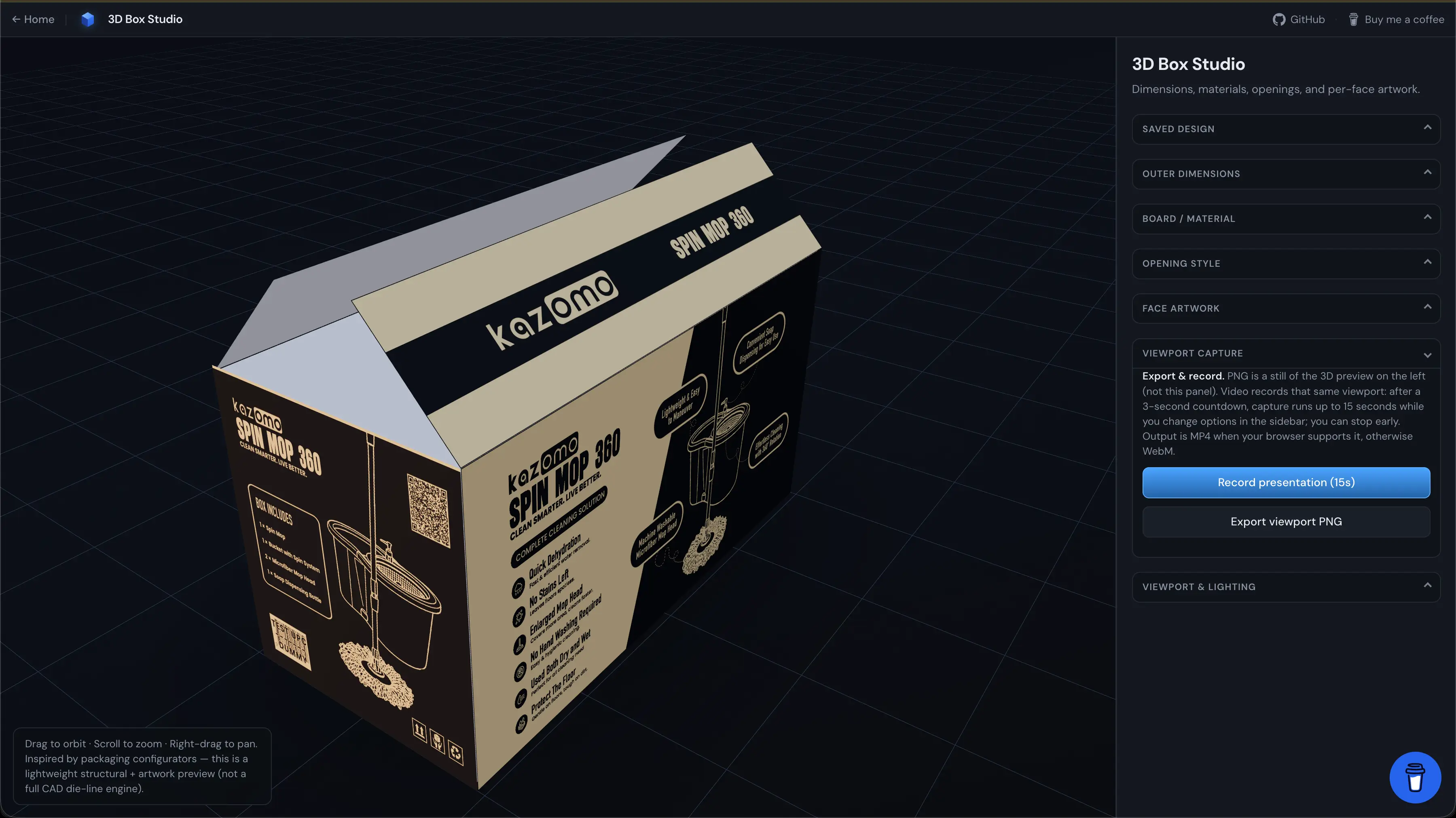 Recording feature in the 3D box packaging simulator